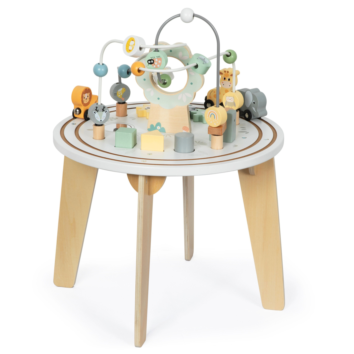 Medinis apvalus mokomasis stalas su magnetiniu traukinuku ir karoliukų paleidimo įtaisu