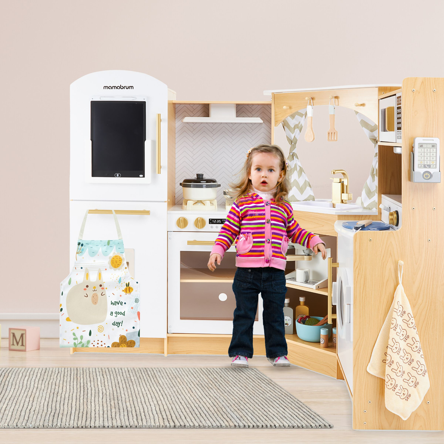 XXXXL didelė medinė interaktyvi virtuvė su LED apšvietimu, skalbimo mašina, mikrobangų krosnele, kavos aparatu, vaisių ir daržovių rinkiniu - 50 elementų