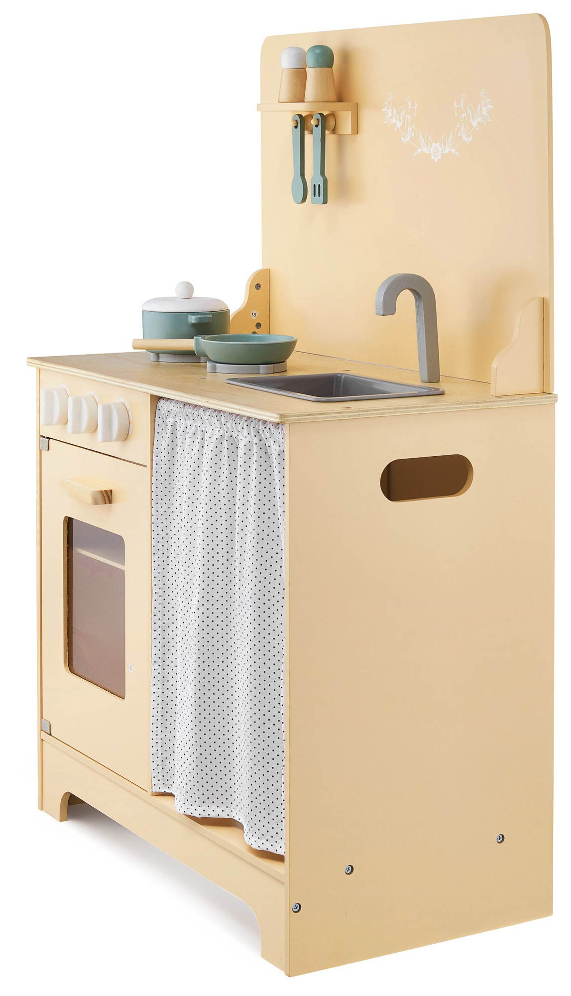 Medinė virtuvė su prijuoste, priedais ir LED apšvietimu