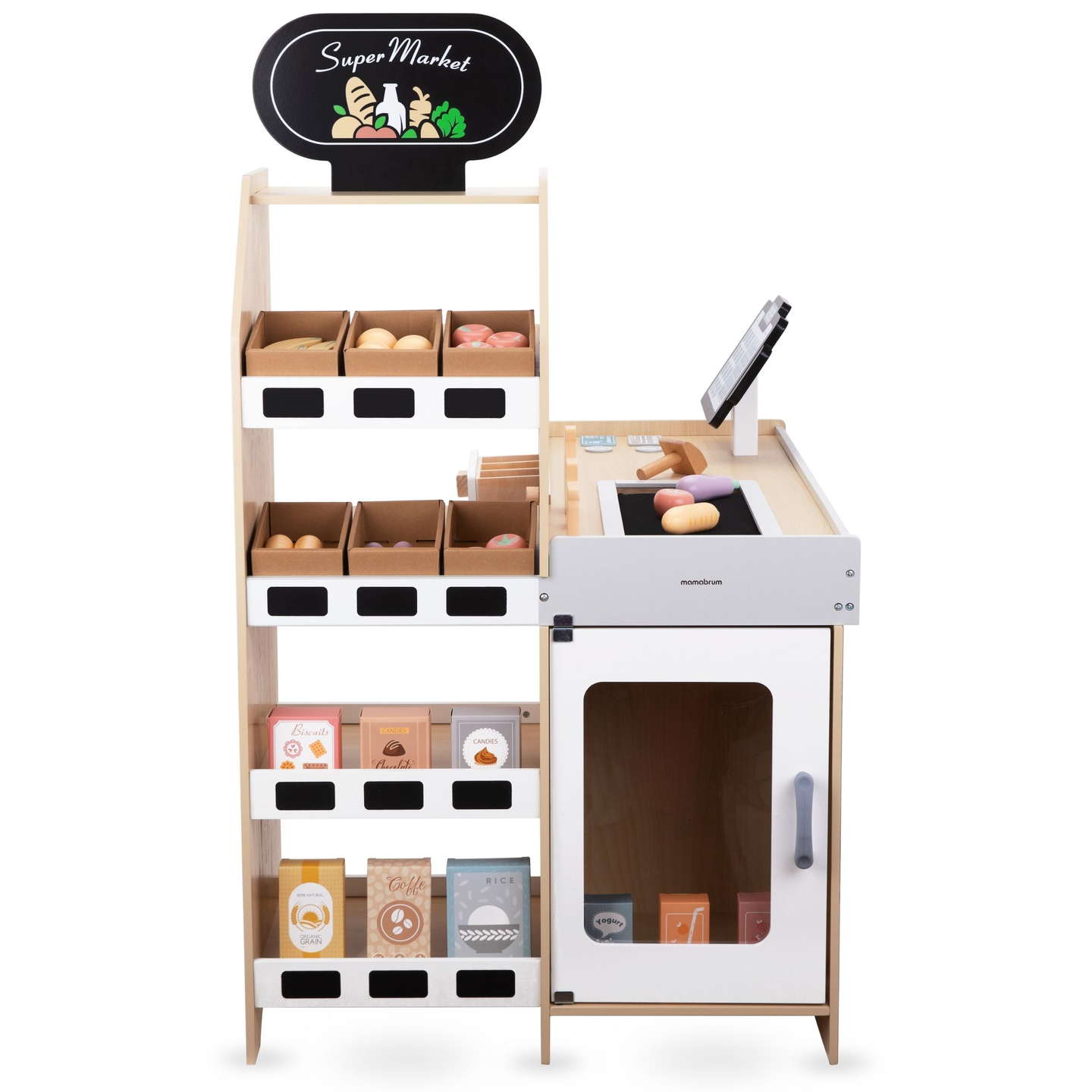 Medinis daržovių turgus - didelis XXL prekystalis, parduotuvė su žaisliniu kasos aparatu