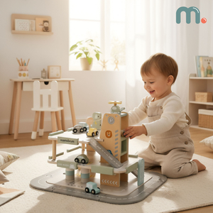 Medinis, trijų aukštų garažas vaikams su priedais – automobilių stovėjimo aikštelė, degalinė, automobilių plovykla, sraigtasparnis