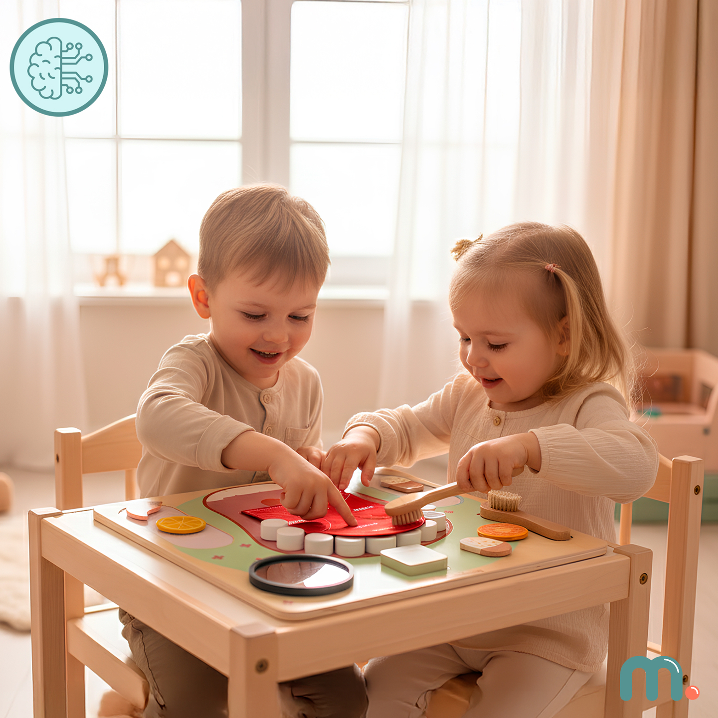 Medinė Montessori edukacinė lenta Mažasis odontologas - dantų šepetėlis, dantų pasta, išimami dantys, veidrodėlis, maistas, mokymosi skoniai