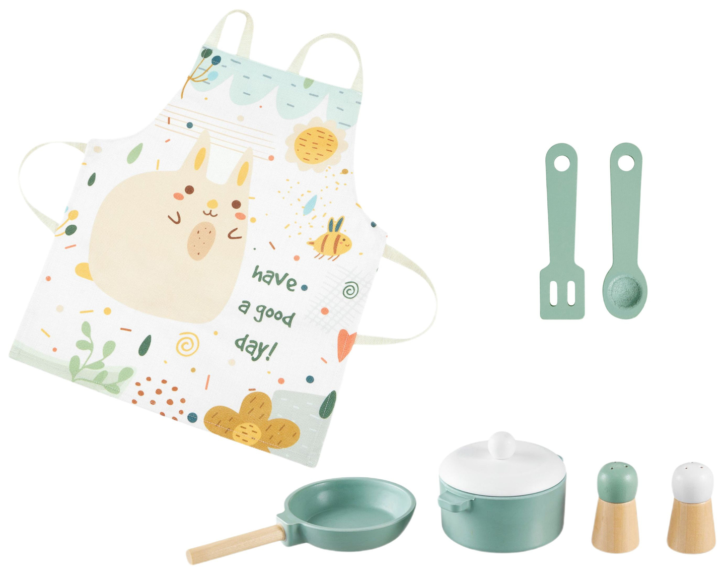 Medinė virtuvė su prijuoste, priedais ir LED apšvietimu