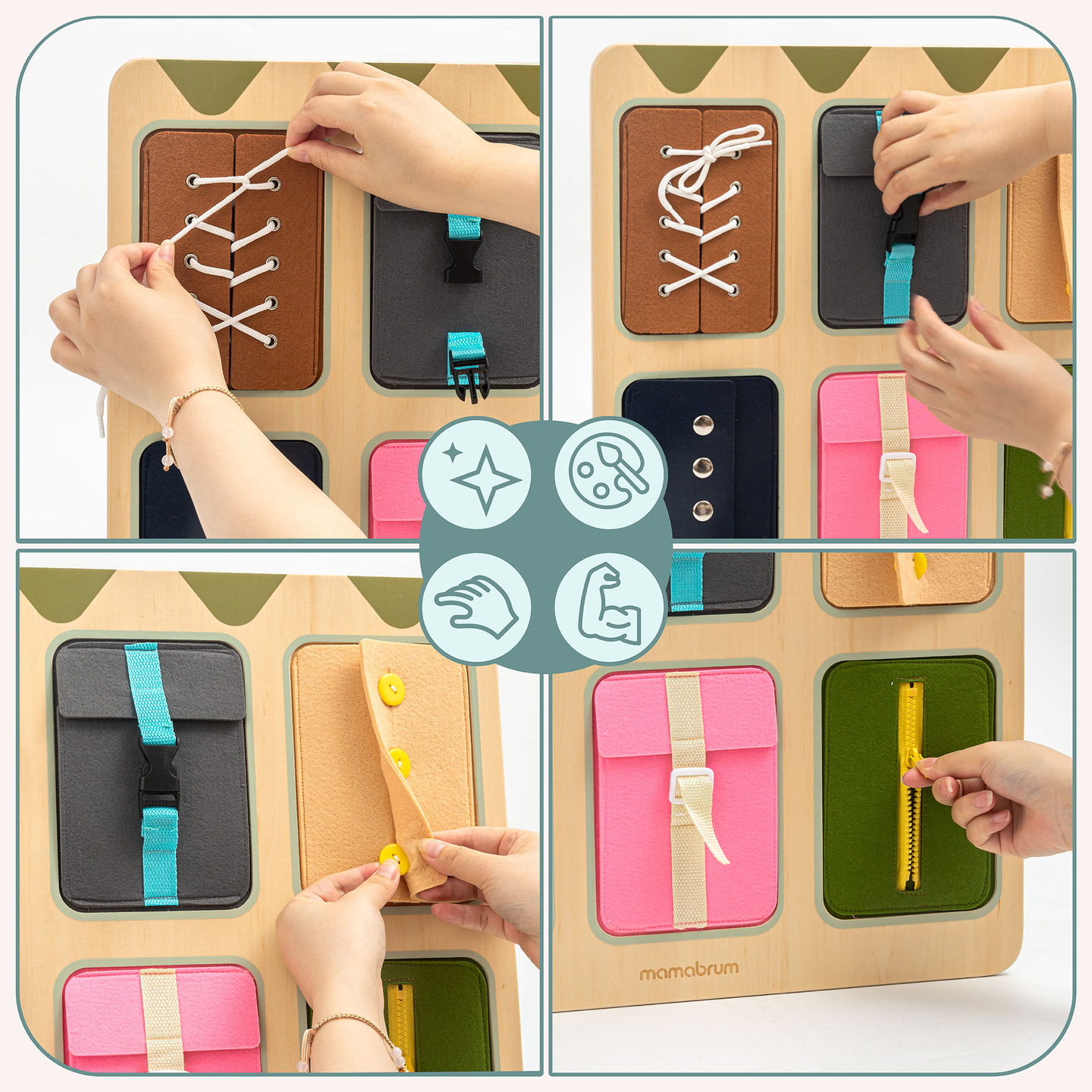 Medinė Montessori manipuliacinė lenta – sensorinis savarankiškumo mokymasis - raišteliai, sagtys, sagos, spaudės, užtrauktukas