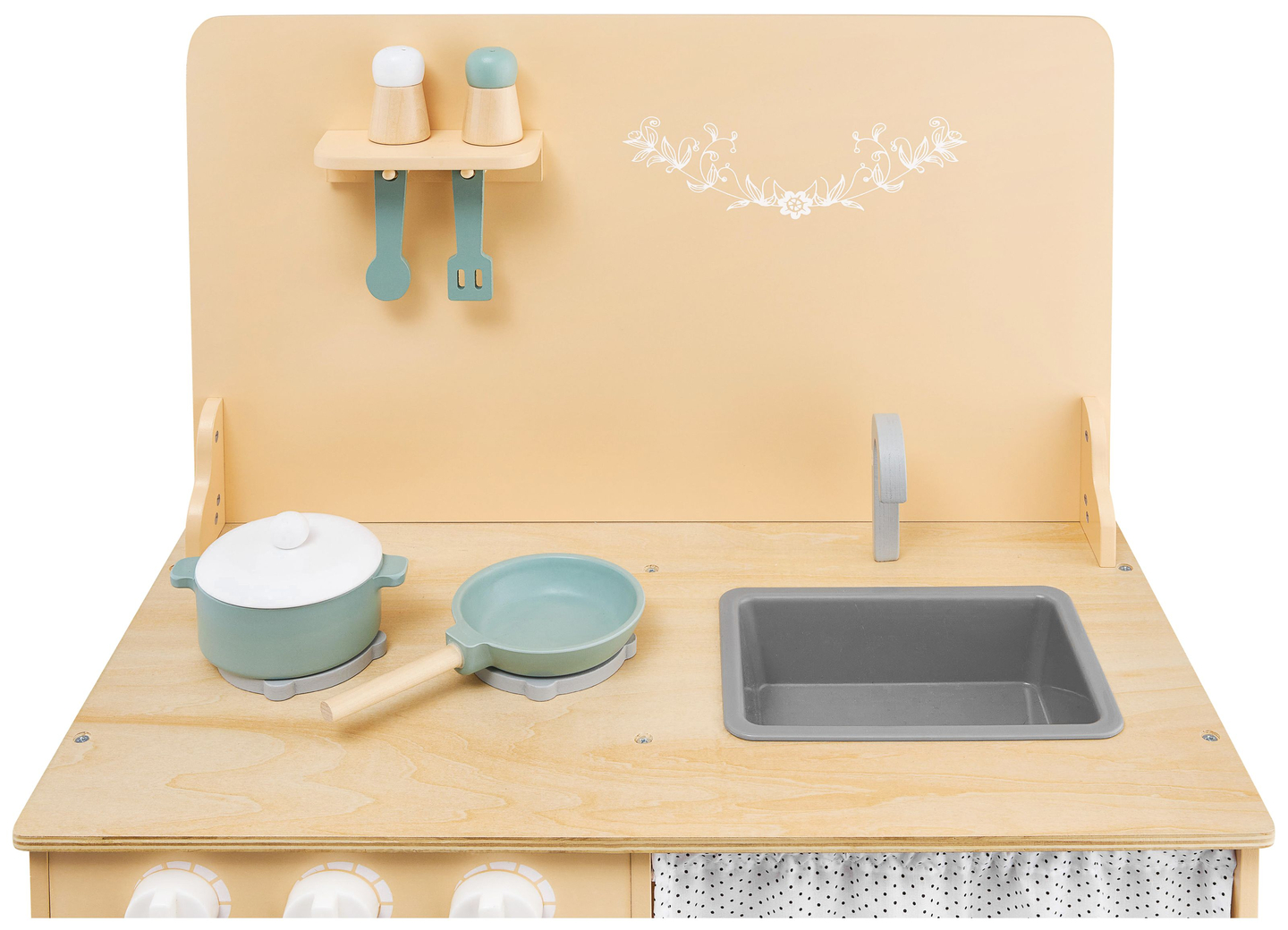 Medinė virtuvė su prijuoste, priedais ir LED apšvietimu