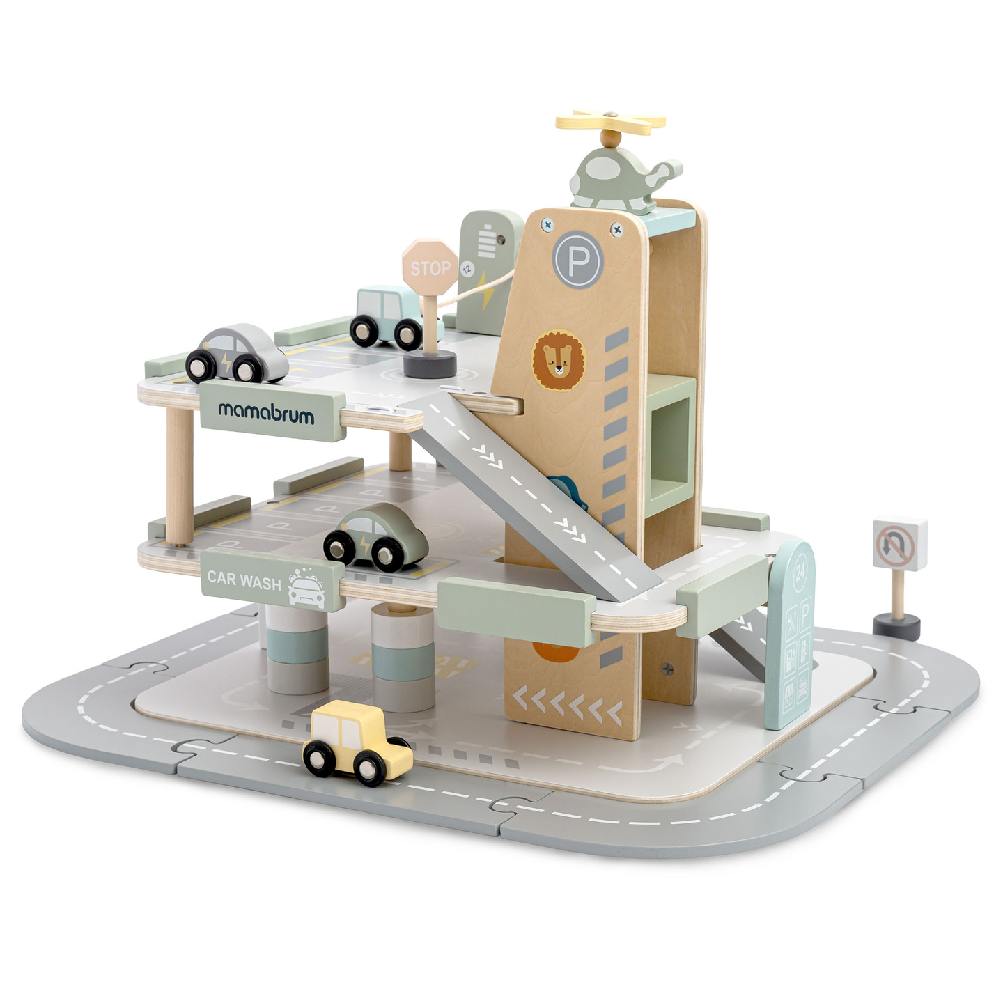 Medinis, trijų aukštų garažas vaikams su priedais – automobilių stovėjimo aikštelė, degalinė, automobilių plovykla, sraigtasparnis