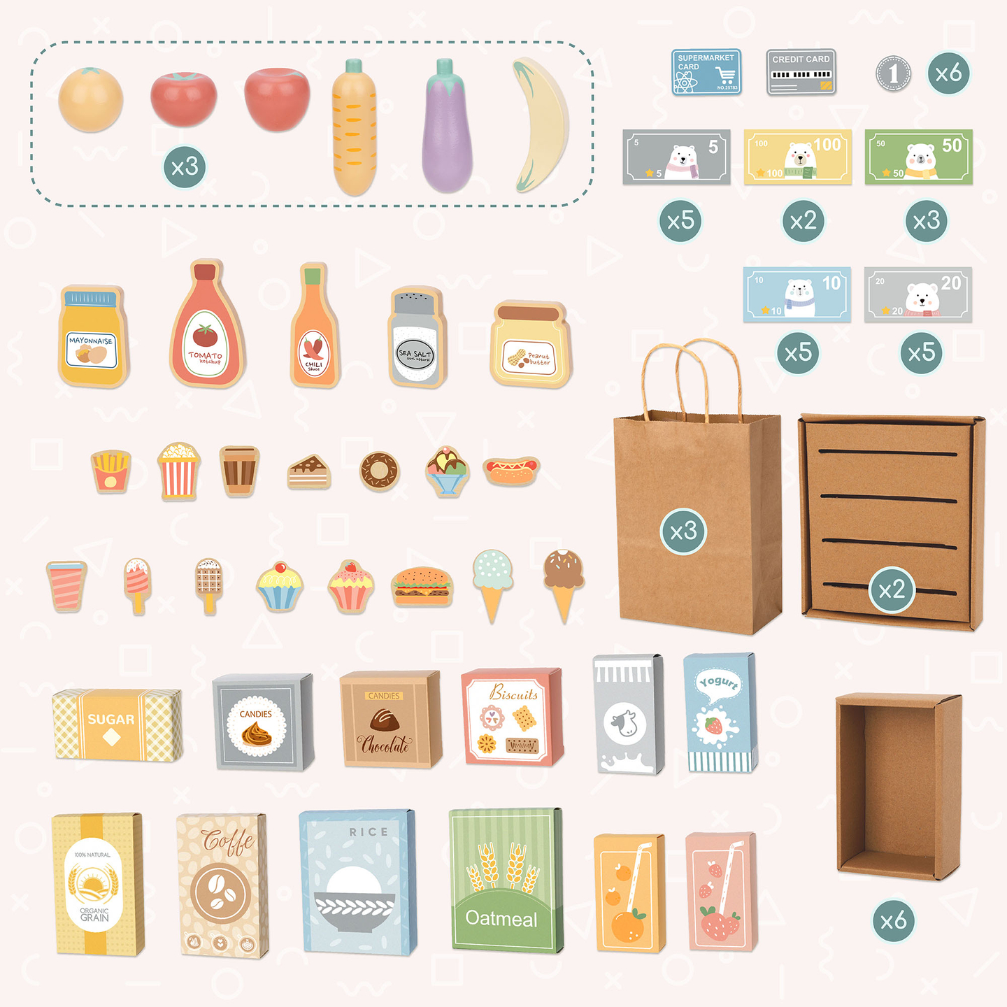 Didelė medinė vaikiška parduotuvė su lenta – 91 detalė apsipirkimo malonumams!