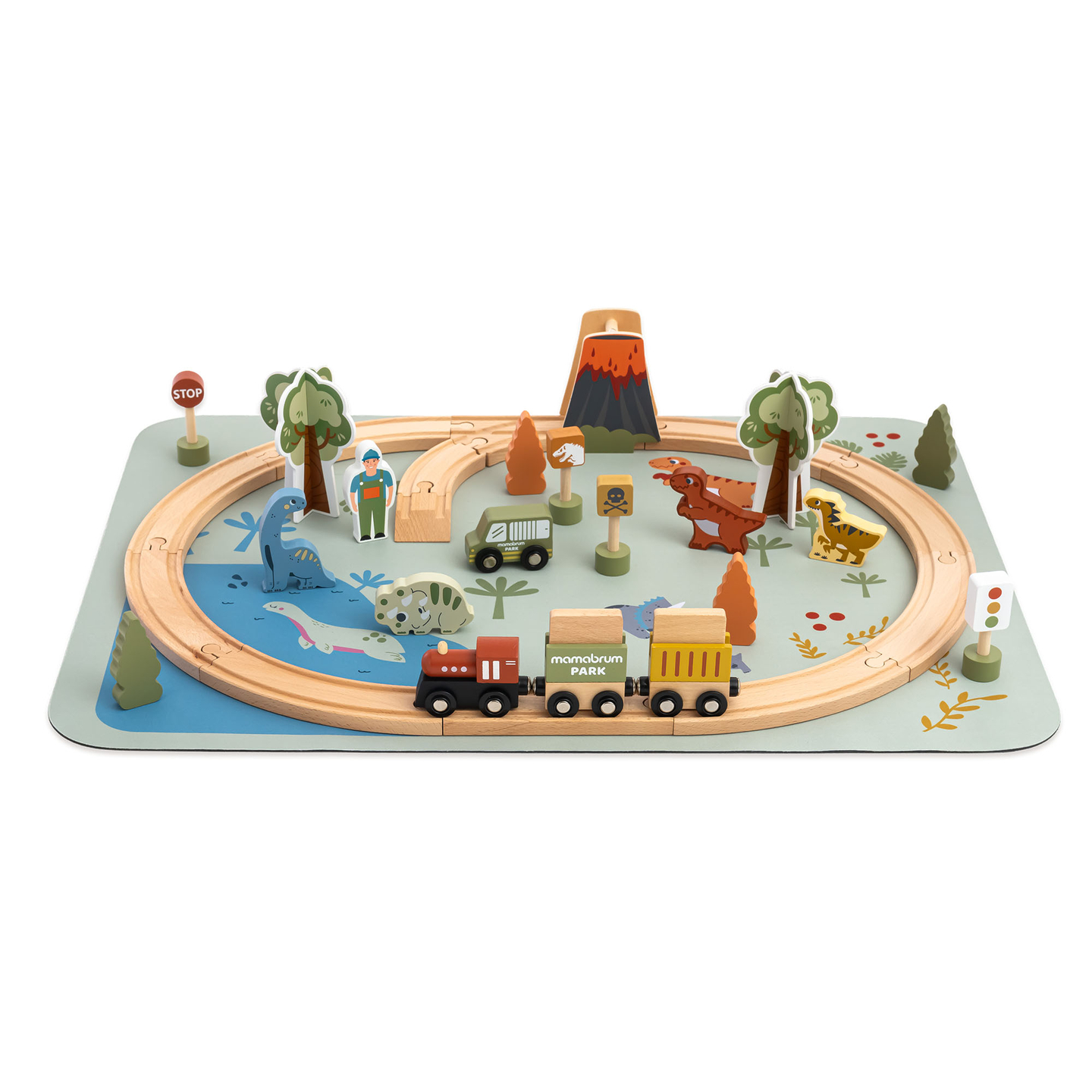 Dino parko medinis traukinukas su neslystančiu kilimėliu - dinozaurai, traukinukas, bėgiai, ugnikalnis, varpas