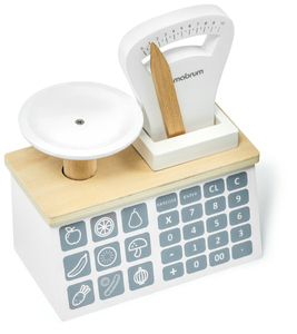 Mini turgus - parduotuvė su svarstyklėmis, terminalu, mokėjimo kortele ir vaisiais