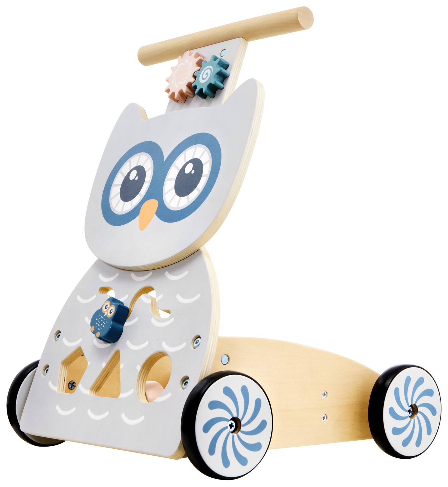Medinė daugiafunkcinė vaikštynė - stumdukas - vežimėlis su kaladėlėmis - Owl