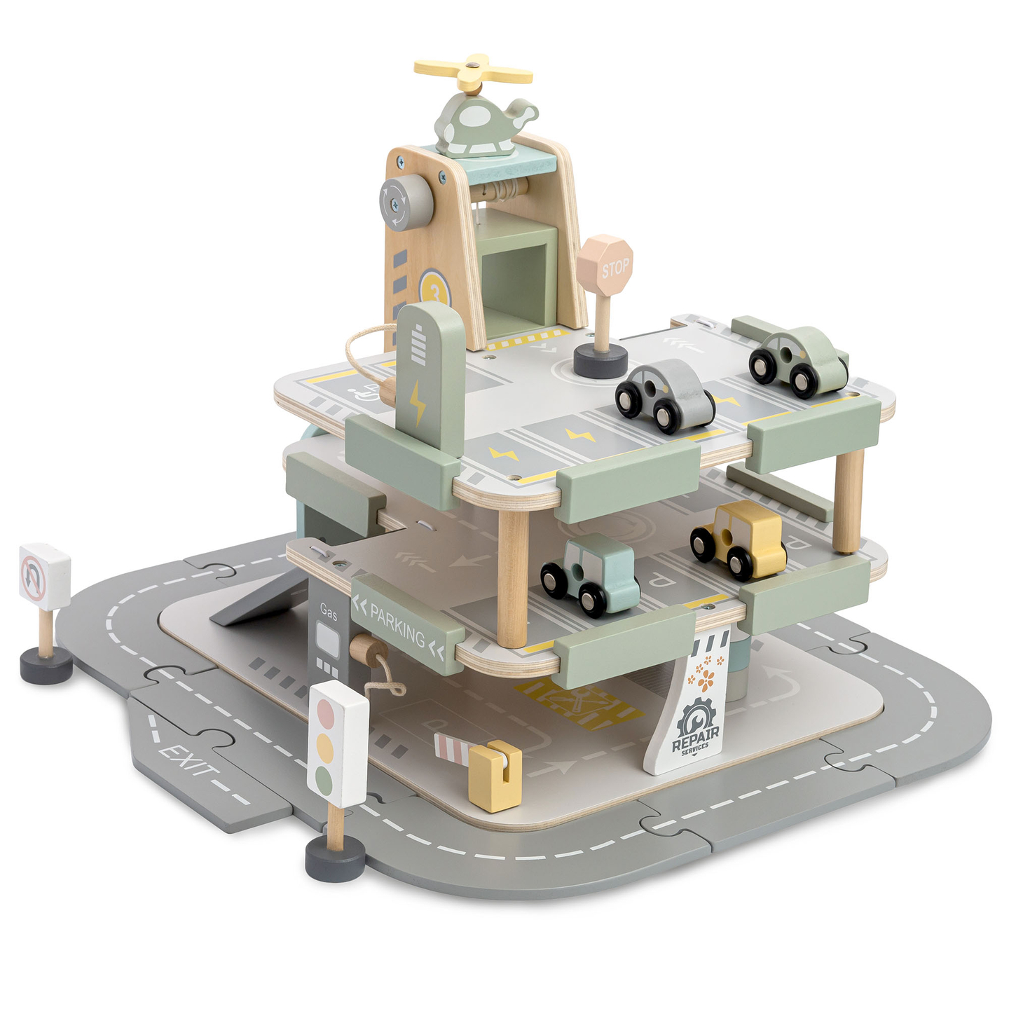 Medinis, trijų aukštų garažas vaikams su priedais – automobilių stovėjimo aikštelė, degalinė, automobilių plovykla, sraigtasparnis