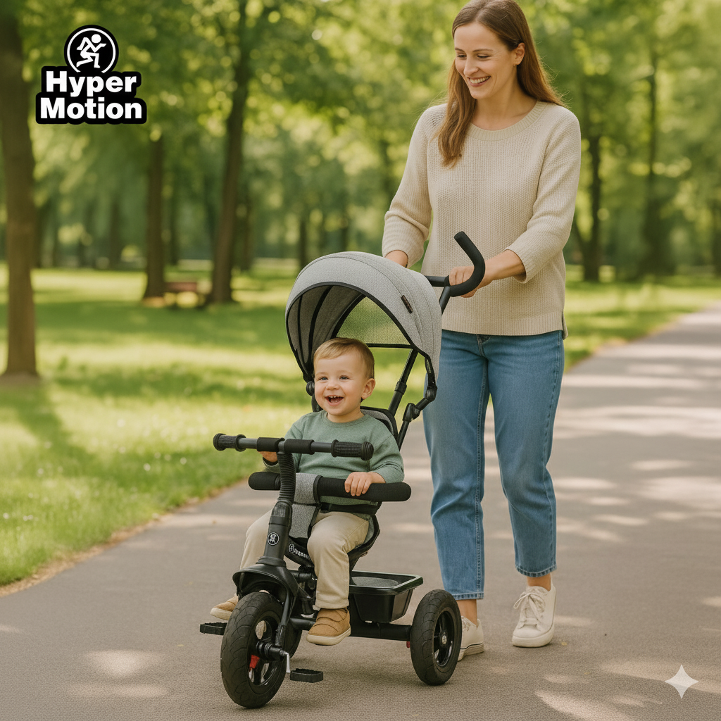 Triratukas 1-4 metų vaikams - TOBI FREY - pilka spalva - pasukamas - pompiniai ratai + stūmiklis