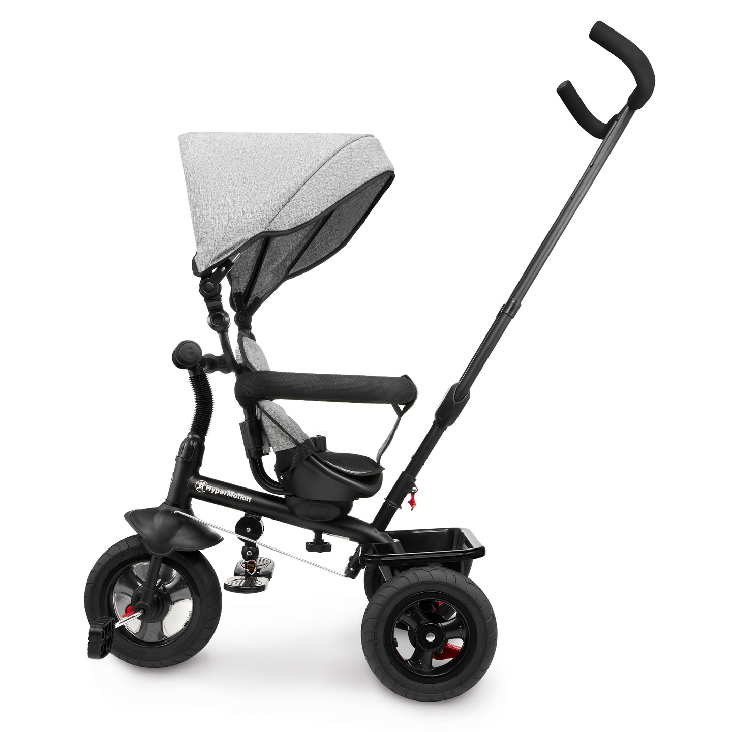 Triratukas 1-4 metų vaikams - TOBI FREY - pilka spalva - pasukamas - pompiniai ratai + stūmiklis