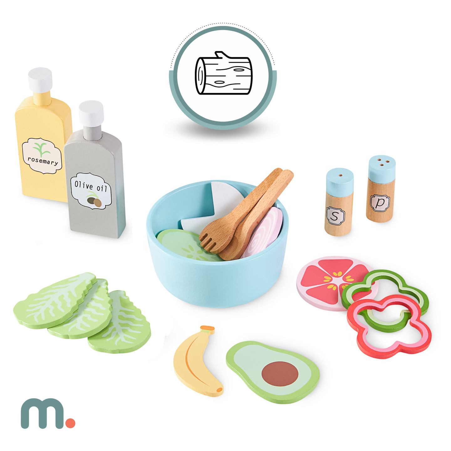 XXXXL didelė medinė interaktyvi virtuvė su LED apšvietimu, skalbimo mašina, mikrobangų krosnele, kavos aparatu, vaisių ir daržovių rinkiniu - 50 elementų