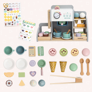 Didelė medinė ledainė su magnetine lenta, kavos aparatu ir ledų bei desertų rinkiniu - daugiau nei 70 detalių!