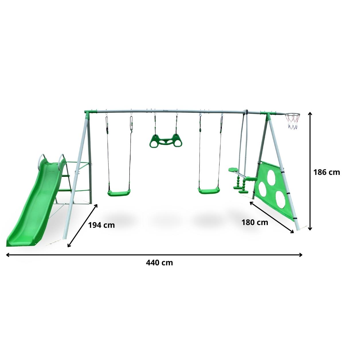 XXXL sodo žaidimų aikštelė vaikams su sūpynėmis, čiuožykla, gimnastikos trapecija, krepšinio lanku ir futbolo vartais