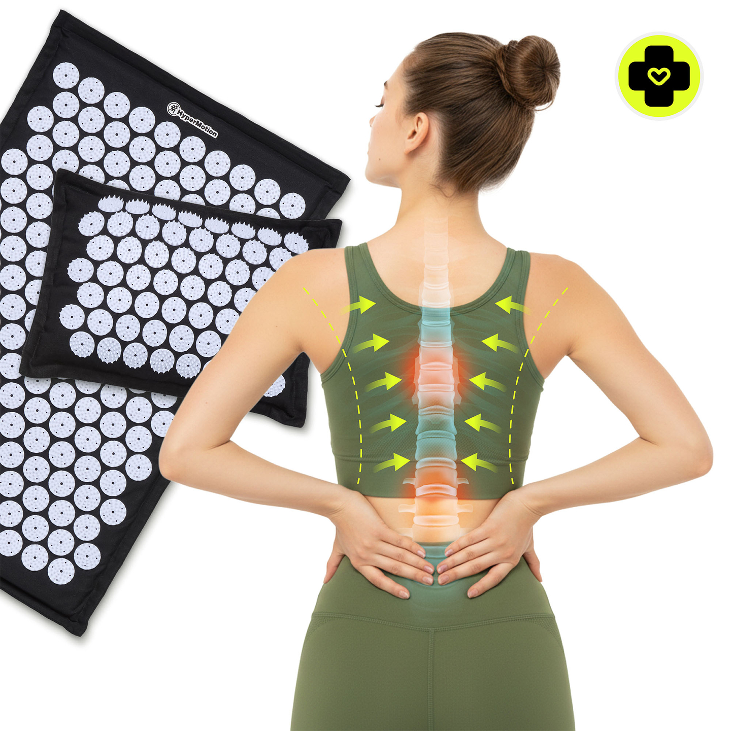 EKO lininis akupresūros kilimėlis su kokoso pluoštu ir grikių pagalvėle – 68 cm „HyperMotion“ juodos ir baltos spalvos