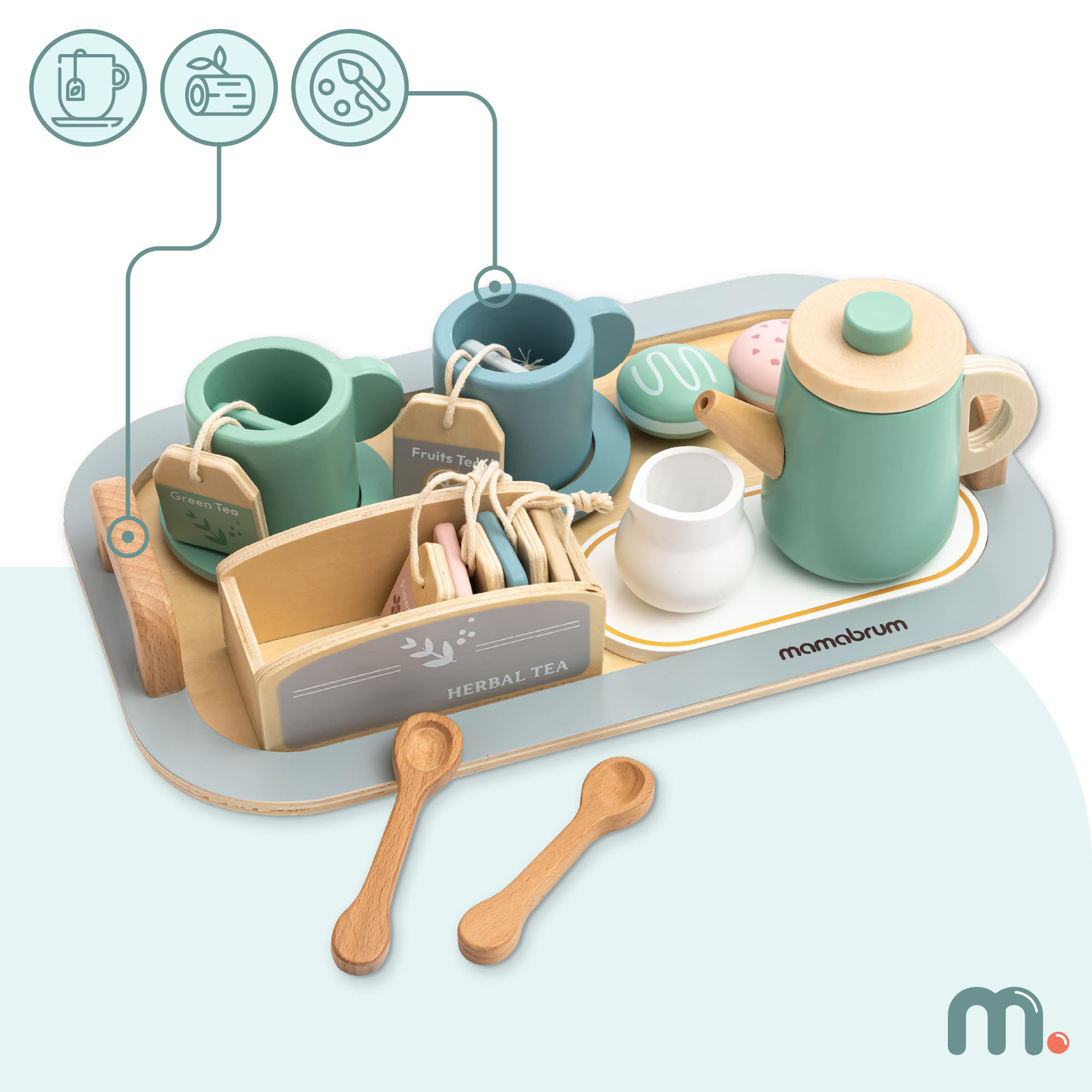 Didelis medinis arbatos rinkinys su padėklu - 18 vienetų