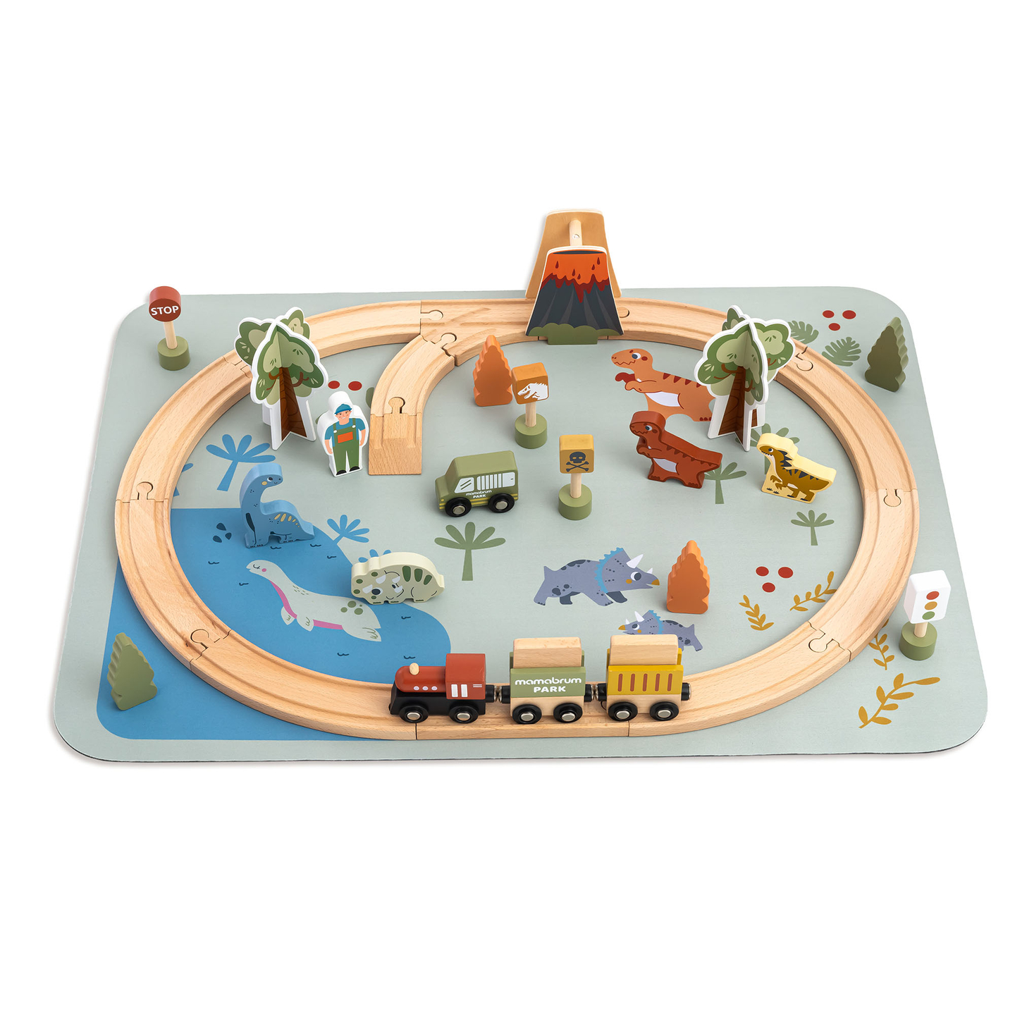 Dino parko medinis traukinukas su neslystančiu kilimėliu - dinozaurai, traukinukas, bėgiai, ugnikalnis, varpas