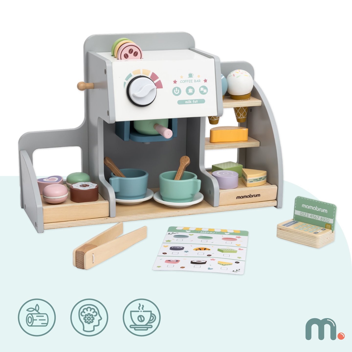 Didelė medinė ledainė su magnetine lenta, kavos aparatu ir ledų bei desertų rinkiniu - daugiau nei 70 detalių!