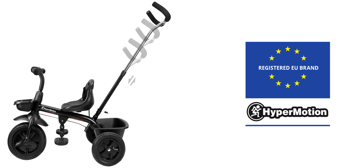 "HyperMotion TOBI VECTOR" triratukas - amžini pripučiami ratai + stūmimo strypas. Spalva: juoda.