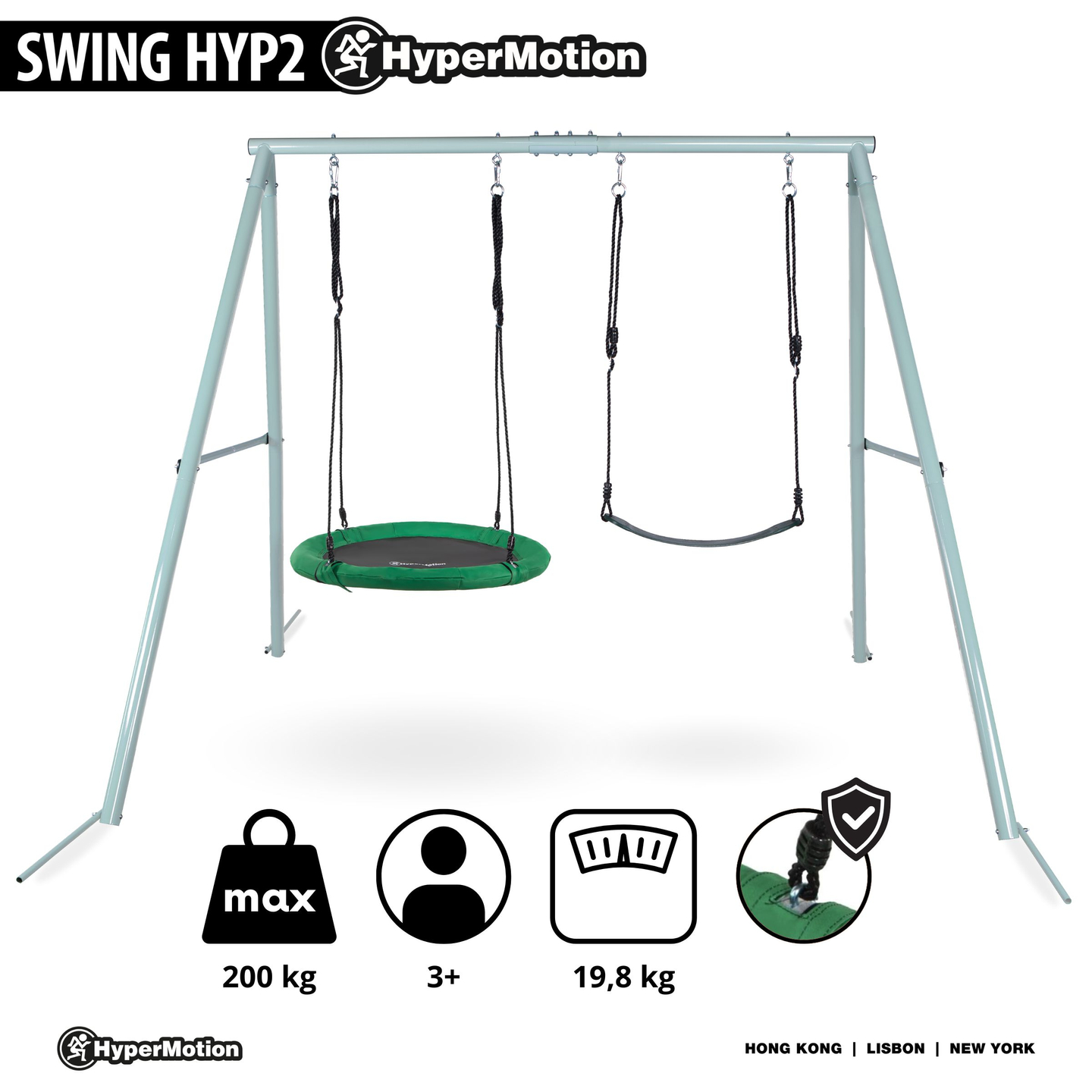 Dvigubos sodo sūpynės su karkasu ir virvėmis - sėdyne ir gandralizdžiu