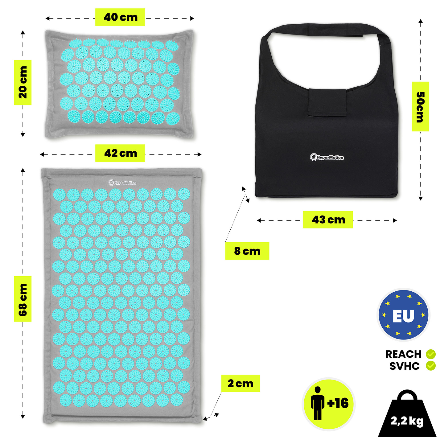 EKO lininis akupresūros kilimėlis su kokosų pluoštu ir grikių pagalvėle – 68 cm „HyperMotion“ pilka-mėtinė