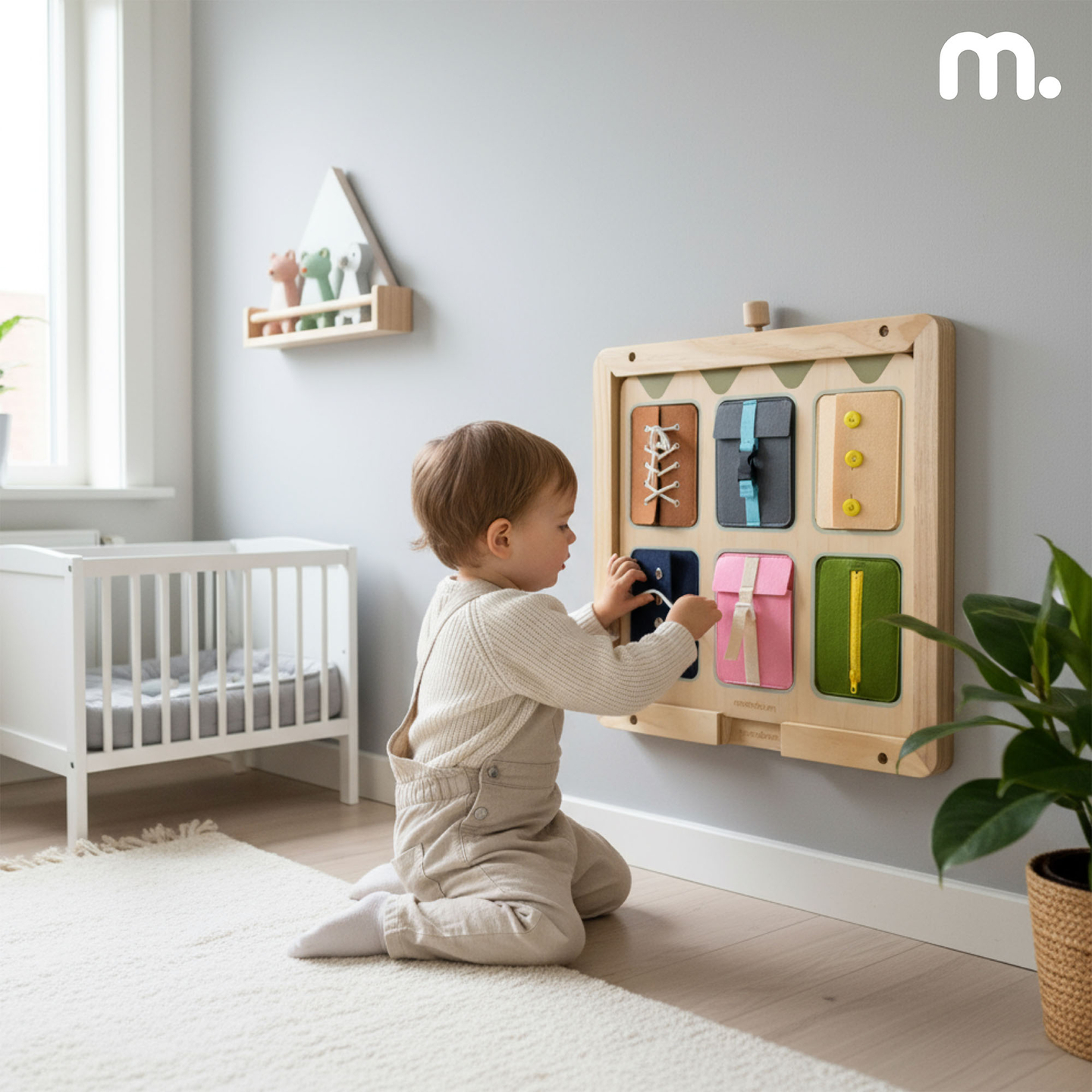 Medinė Montessori manipuliacinė lenta – sensorinis savarankiškumo mokymasis - raišteliai, sagtys, sagos, spaudės, užtrauktukas