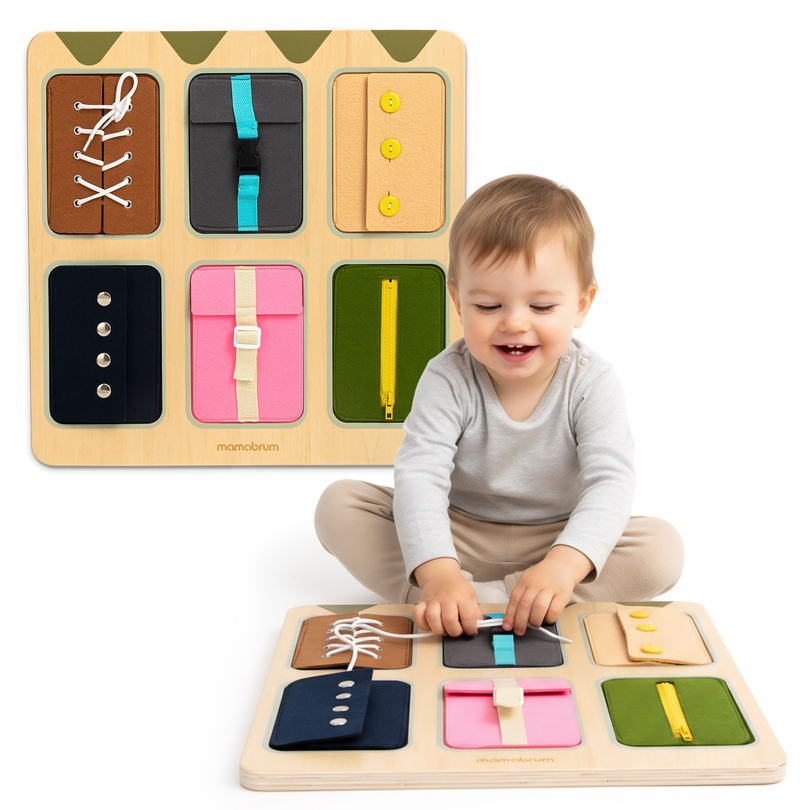 Medinė Montessori manipuliacinė lenta – sensorinis savarankiškumo mokymasis - raišteliai, sagtys, sagos, spaudės, užtrauktukas