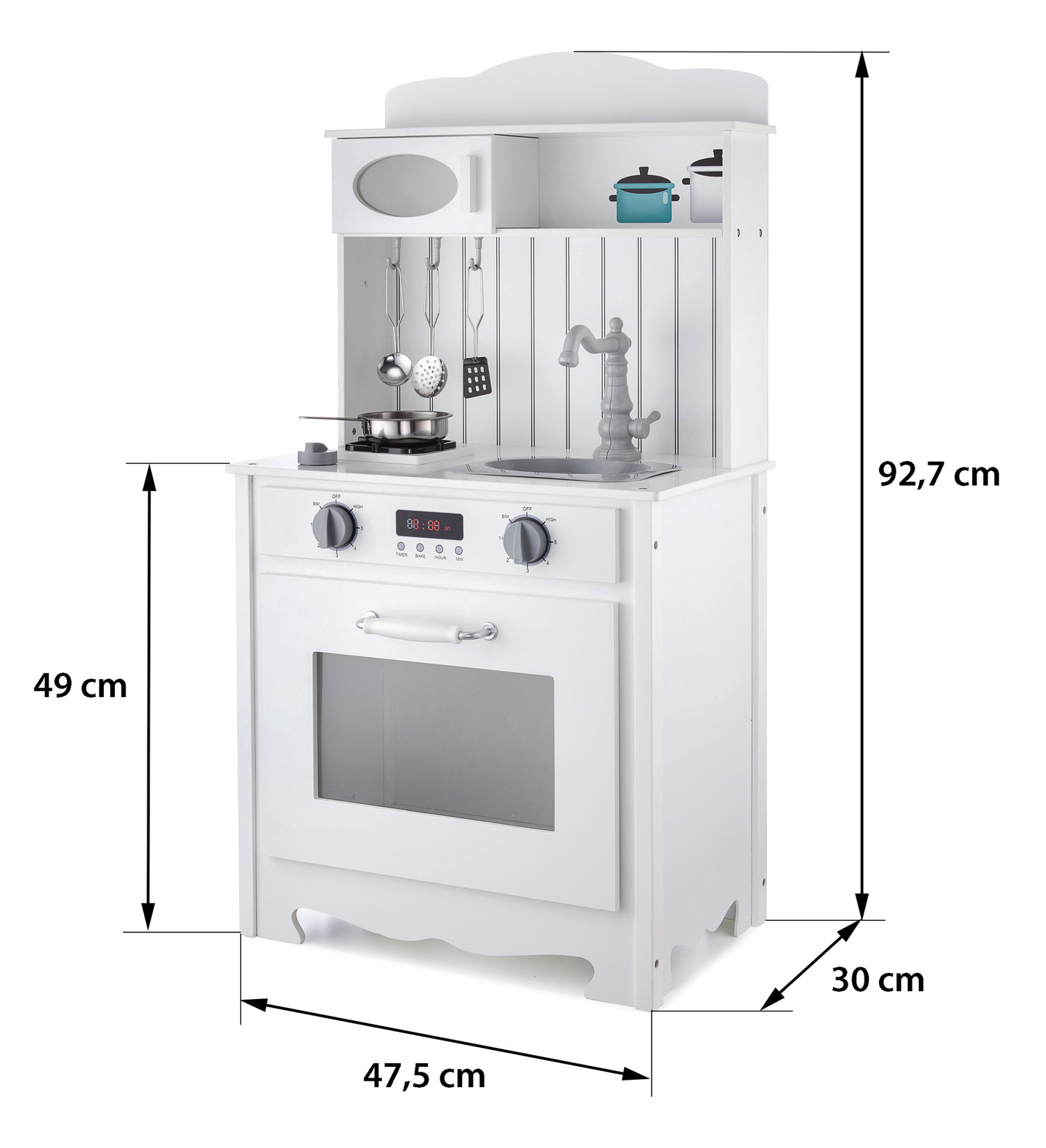 Balta medinė virtuvė su prijuoste, priedais ir LED lempa