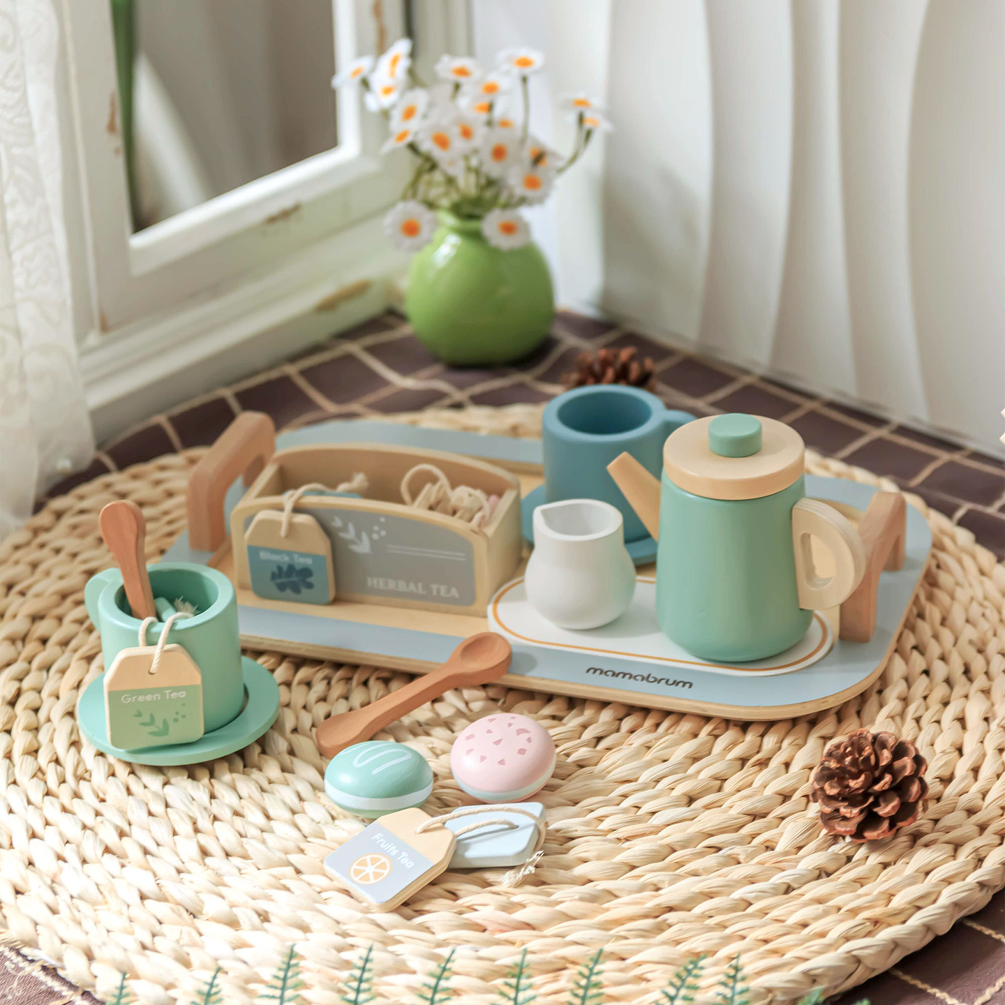 Didelis medinis arbatos rinkinys su padėklu - 18 vienetų