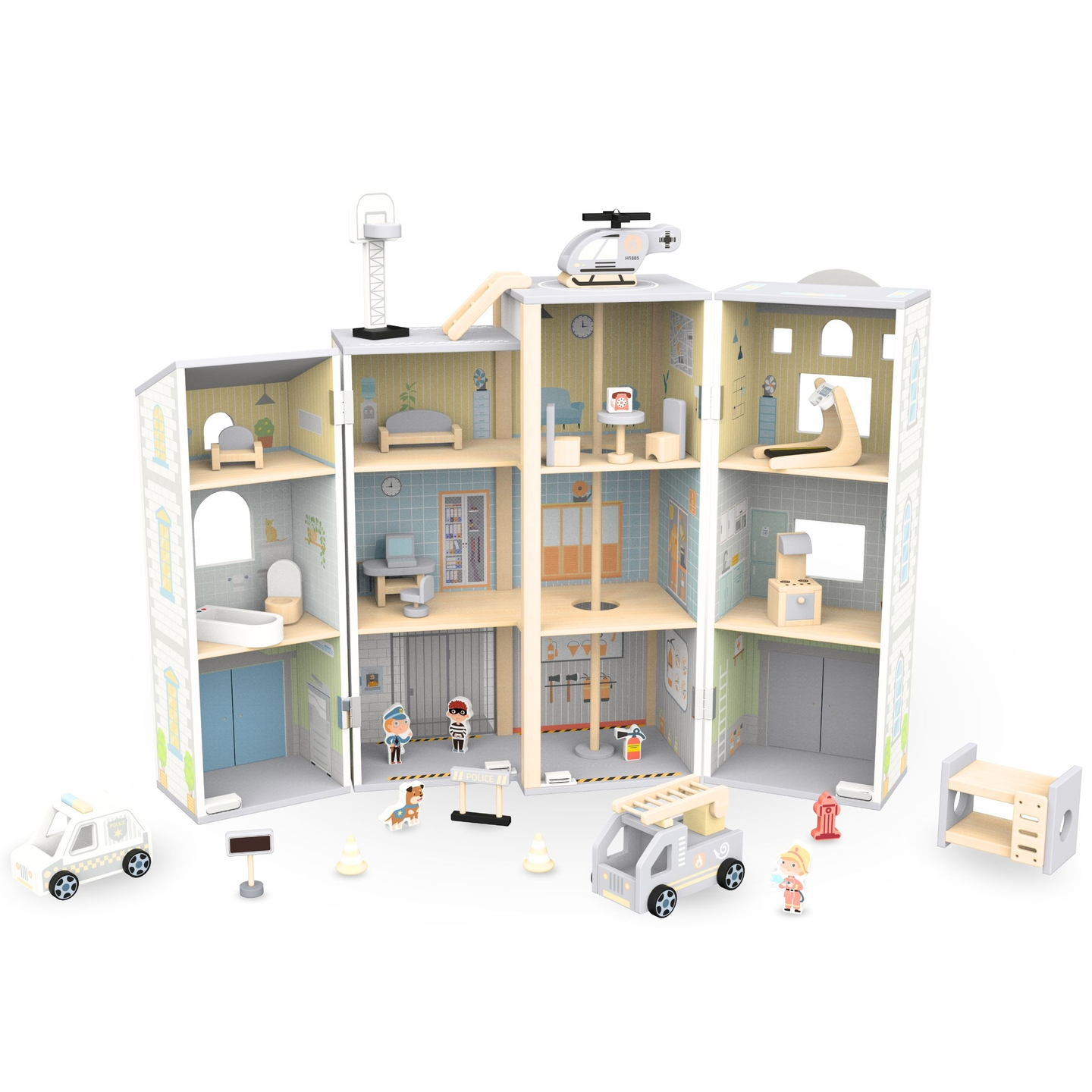 Didelė sulankstoma gaisrinė su policijos nuovada - medinis rinkinys. Gaisrinė ir policijos nuovada su priedais.