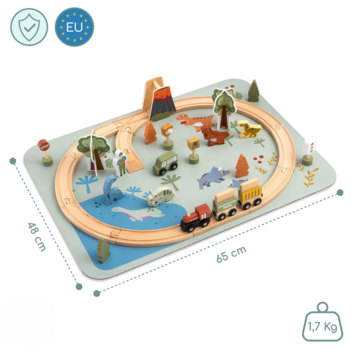 Dino parko medinis traukinukas su neslystančiu kilimėliu - dinozaurai, traukinukas, bėgiai, ugnikalnis, varpas