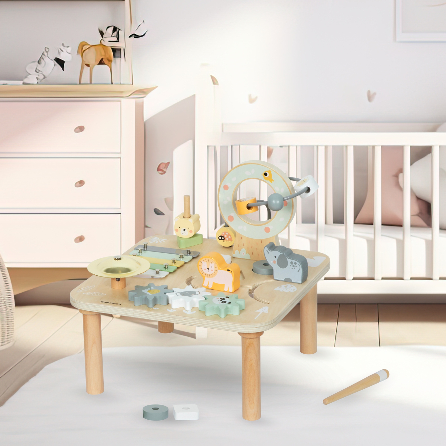 Medinis edukacinis 7 viename muzikinis stalas su cimbolais ir gongu – laukinės džiunglės