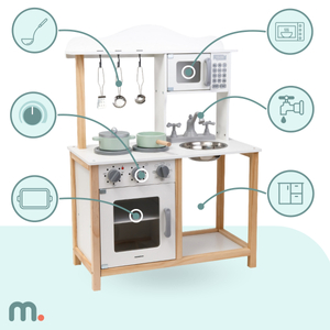Medinė vaikų virtuvėlė su mikrobangų krosnele