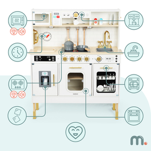 Interaktyvi XXL medinė virtuvė su priedais ir LED apšvietimu – dviejų lygių