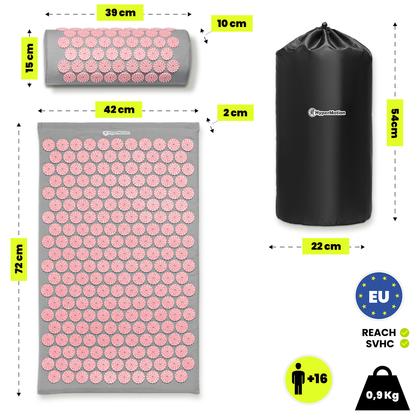 Akupresūros kilimėlis su pagalvėle ir užvalkalu – 72 cm „HyperMotion“ pilkas ir rožinis