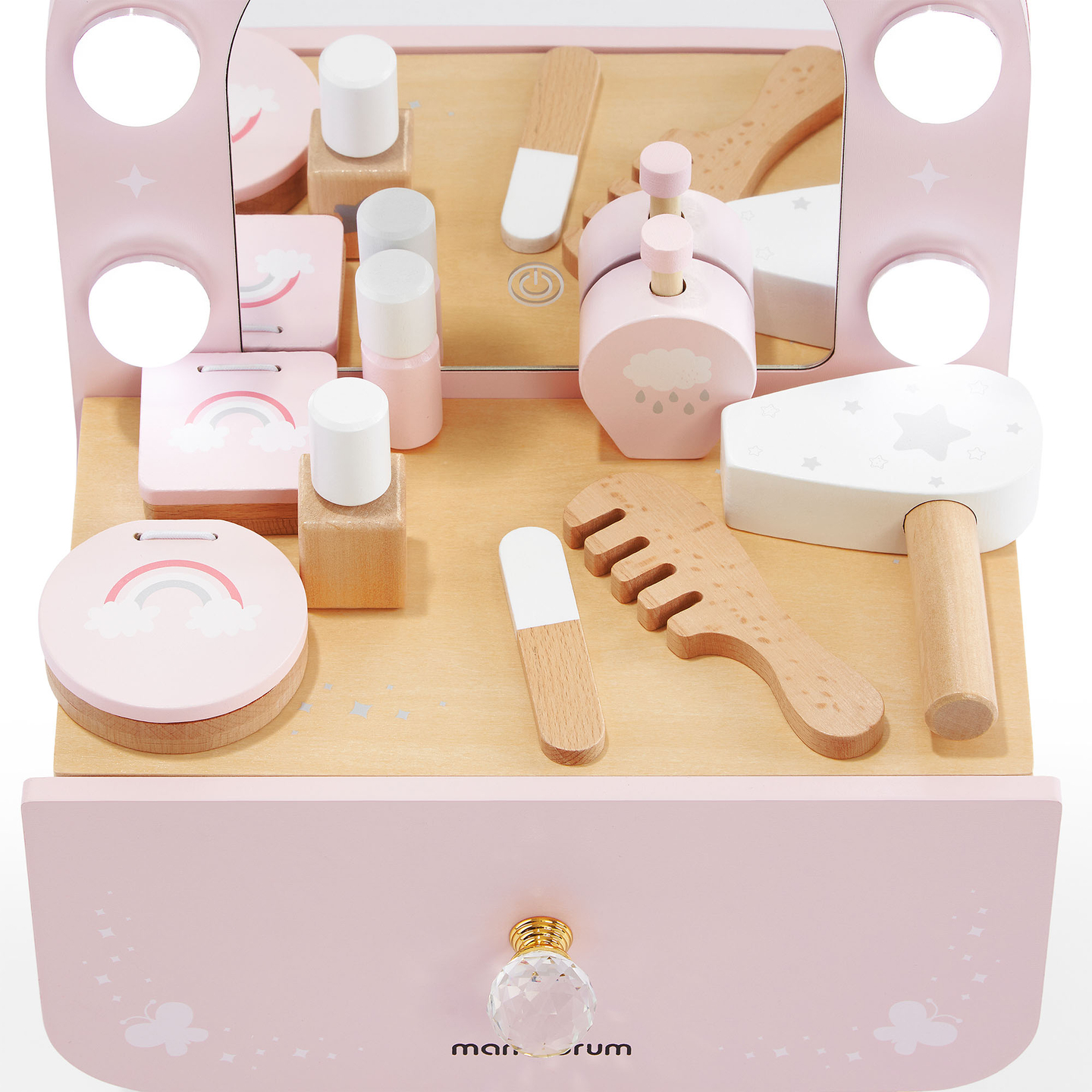 Medinis mini tualetinis staliukas vaikams su aksesuarais ir LED apšvietimu su sklandžiu ryškumo reguliavimu