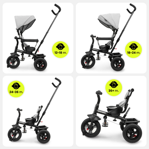 Triratukas 1-4 metų vaikams - TOBI FREY - pilka spalva - pasukamas - pompiniai ratai + stūmiklis