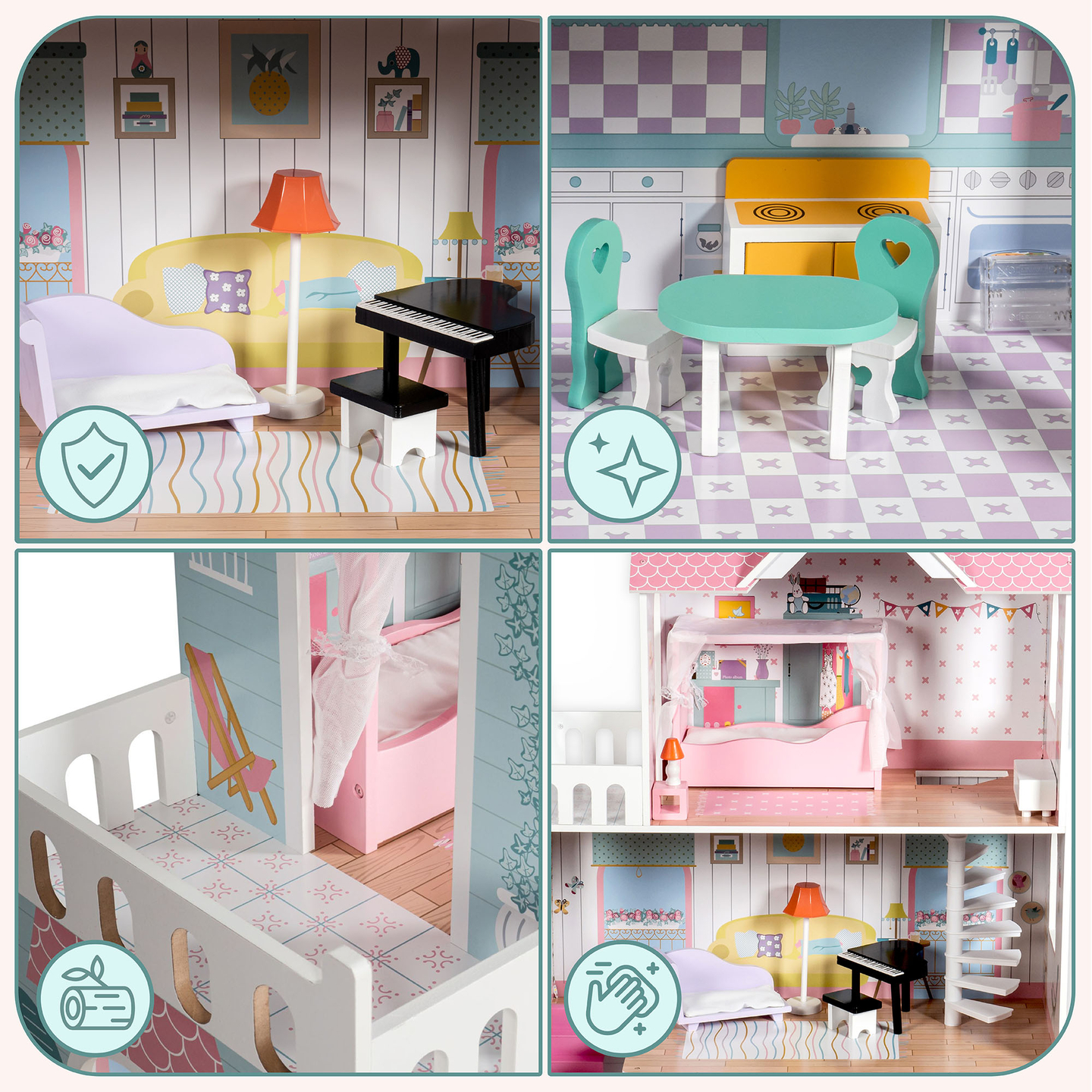 XXL Didžiausias medinis lėlių namelis - 123 cm - LED apšvietimas - terasa, aksesuarai, sodas