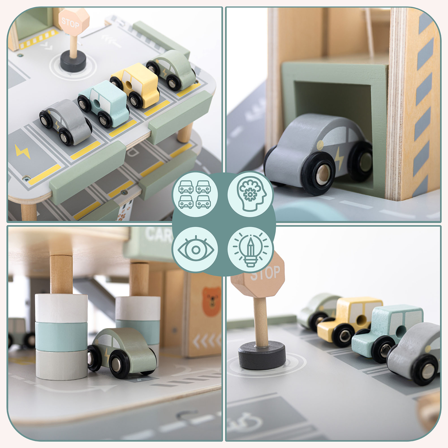 Medinis, trijų aukštų garažas vaikams su priedais – automobilių stovėjimo aikštelė, degalinė, automobilių plovykla, sraigtasparnis