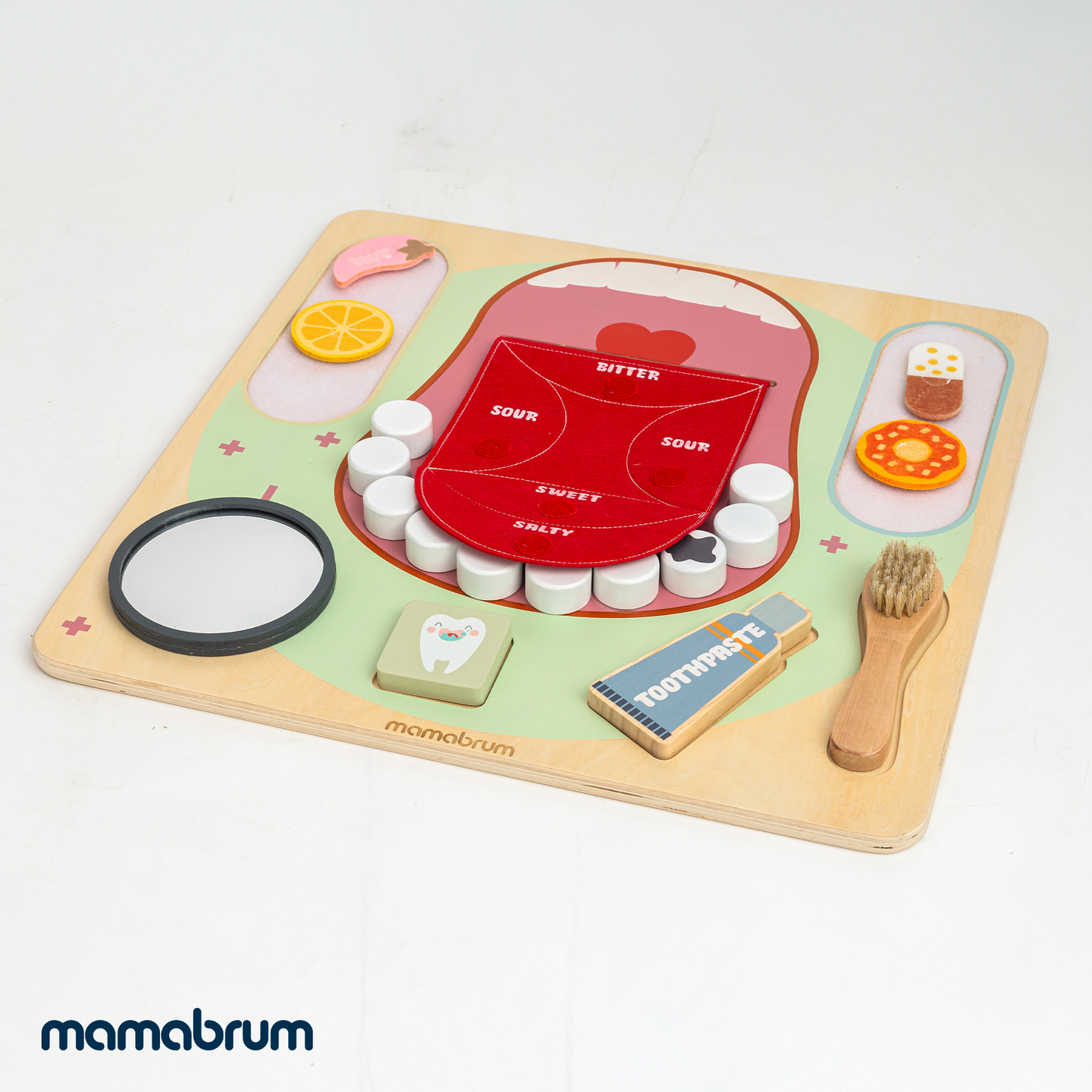 Medinė Montessori edukacinė lenta Mažasis odontologas - dantų šepetėlis, dantų pasta, išimami dantys, veidrodėlis, maistas, mokymosi skoniai