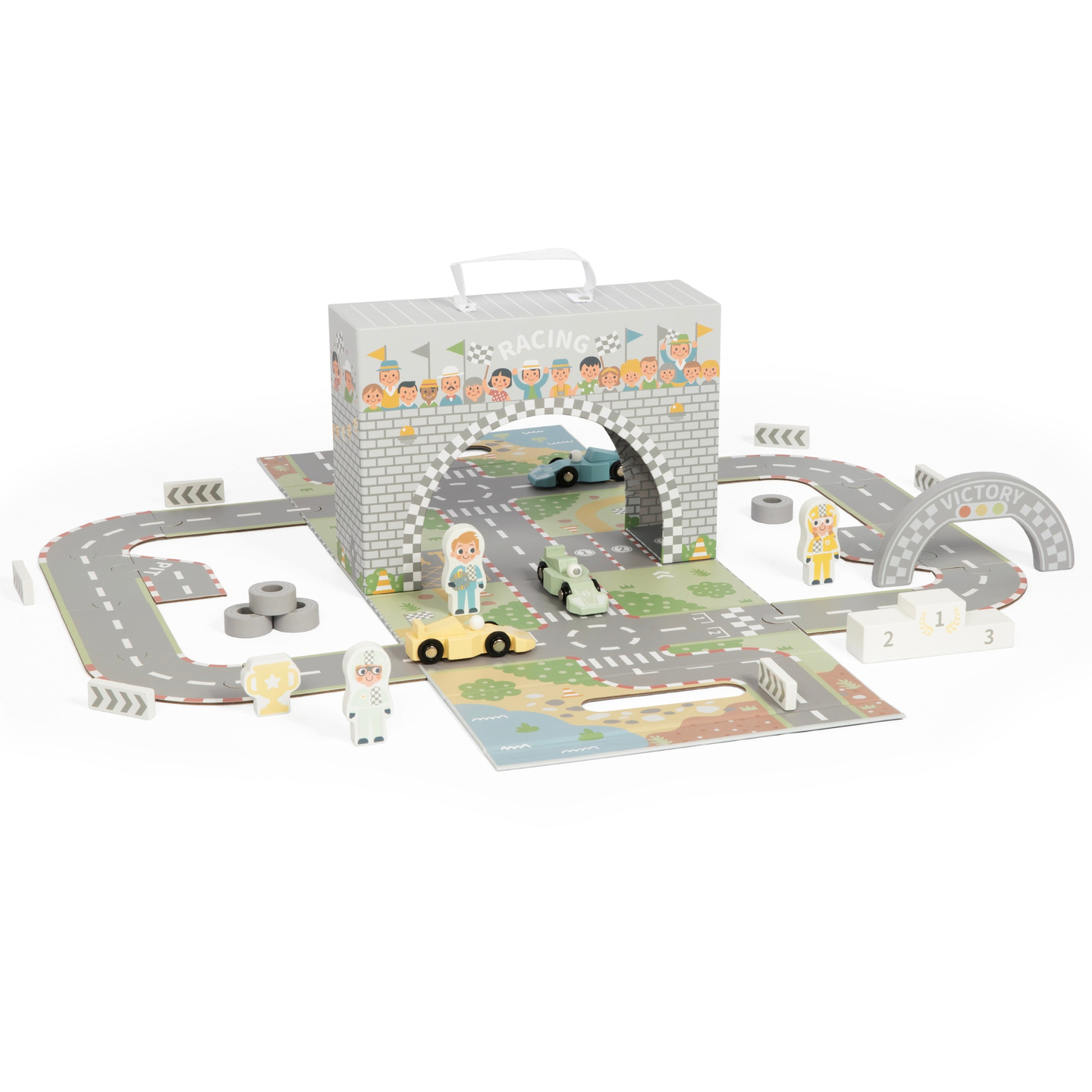 Magnetinis lagaminas su lenktynių trasa, medinėmis transporto priemonėmis ir kelio priedais