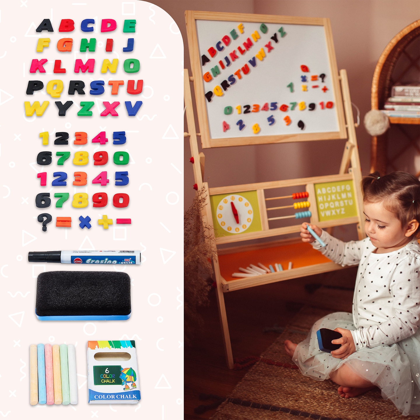 Didelė mokomoji dvipusė lenta: magnetinė ir kreidinė - sausai trinama lenta, medinė