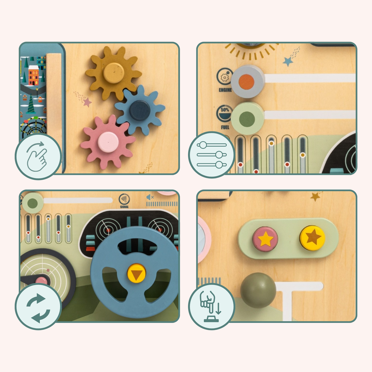 Medinė Montessori lenta 2 viename Vairuotojo ir piloto kabina – vairas, pavarų perjungimo svirtis, kelionių žemėlapiai, radaras