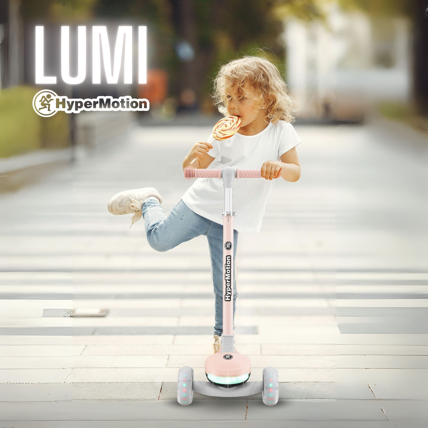 "HyperMotion LUMI 3-in-1" balansinis paspirtukas su šviečiančia platforma ir LED ratukais, rožinės spalvos