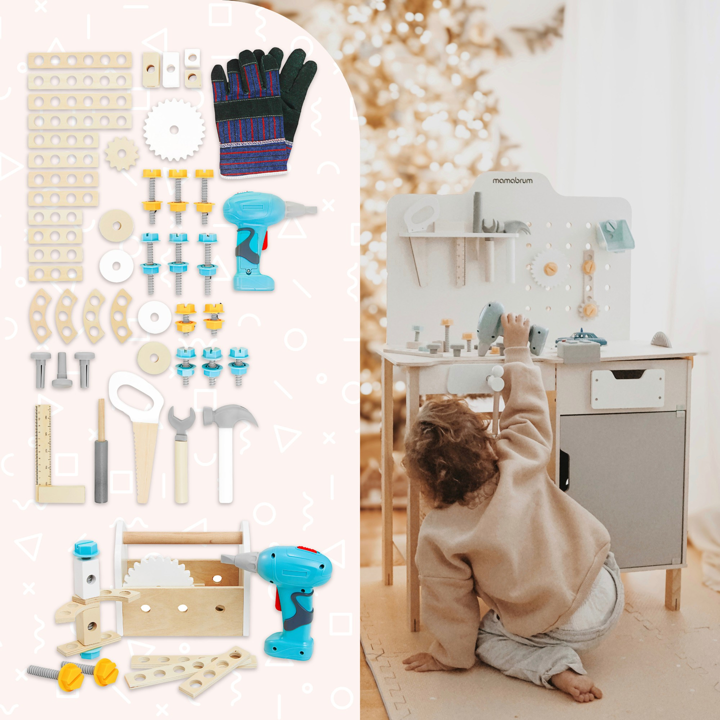 XXL Didelės medinės dirbtuvės su įrankiais - "pasidaryk pats" rinkinys, 74 elementai