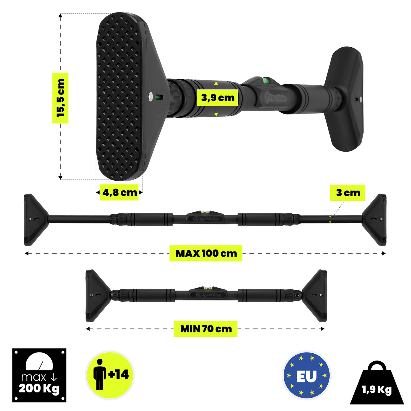 „HyperMotion“ reguliuojamo aukščio prisitraukimų skersinis 70–100 cm, 200 kg, juodas