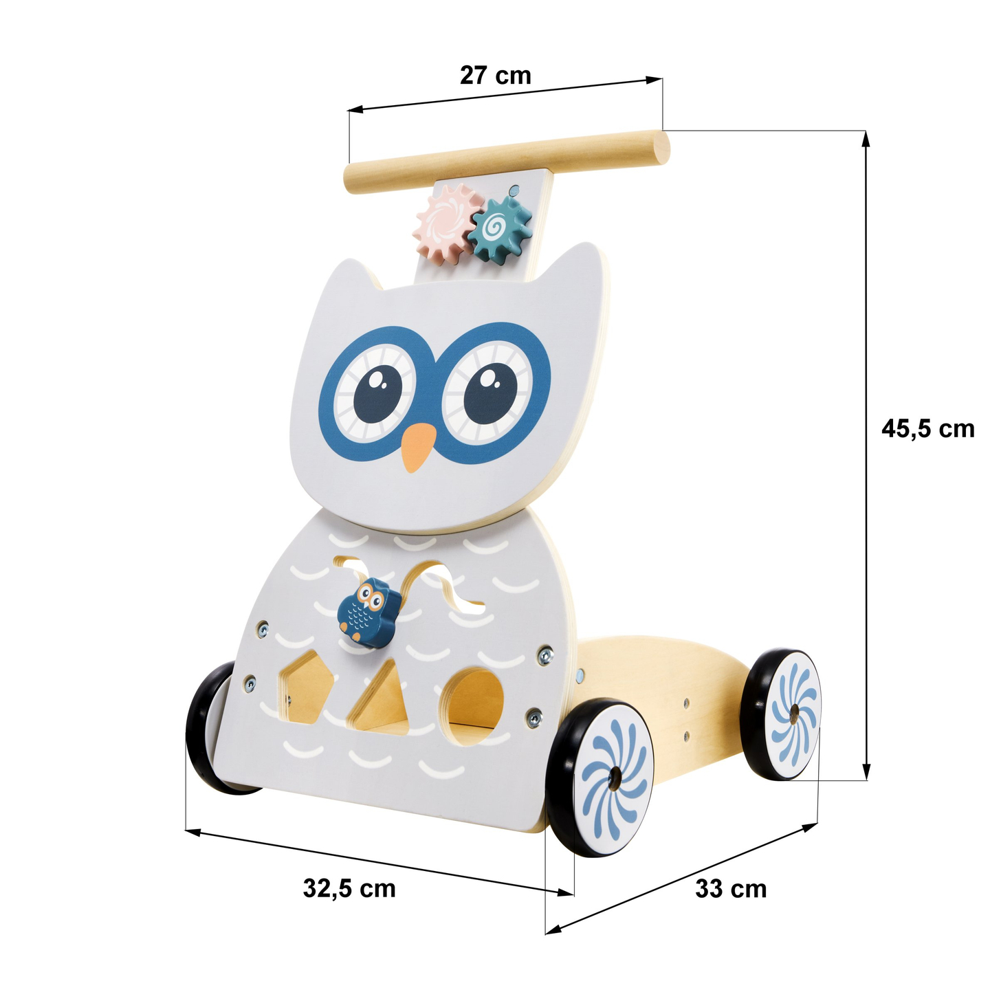 Medinė daugiafunkcinė vaikštynė - stumdukas - vežimėlis su kaladėlėmis - Owl
