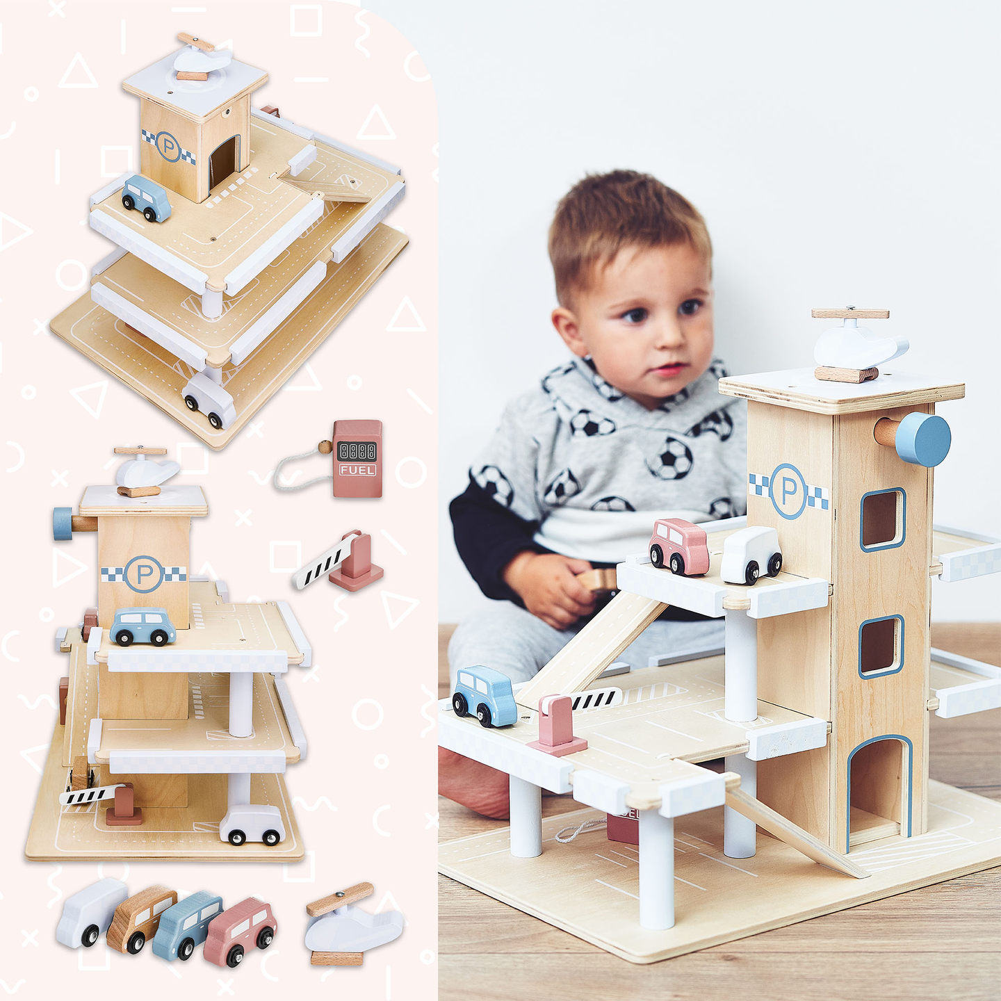 Medinė trijų aukštų automobilių stovėjimo aikštelė su liftu - garažas automobiliams ir sraigtasparniui